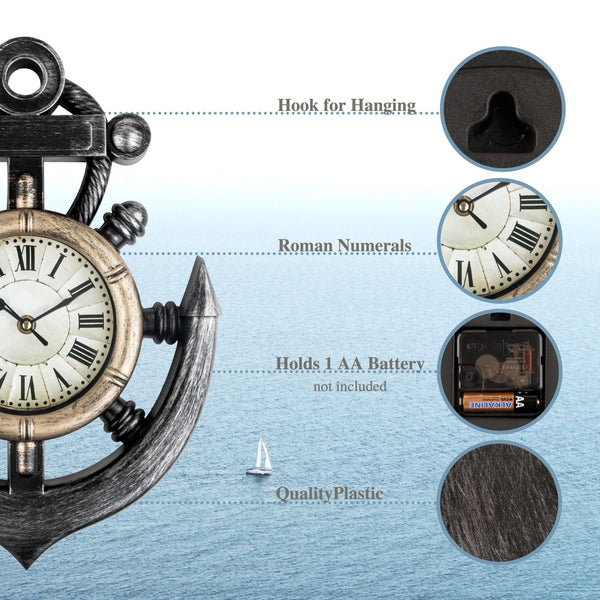 Anchor and Boat Wheel  Nautical Wall Clock,  Silent Non Ticking Sweep Movement