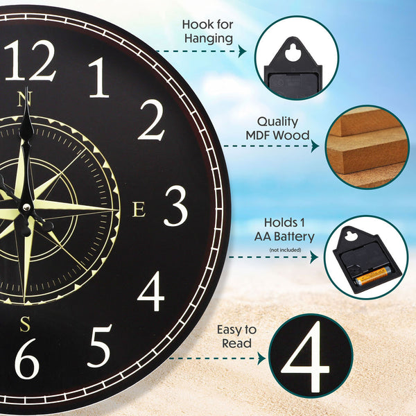 Compass Wall Clock Large 15.75 Inch
