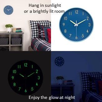 Midnight Blue Midnight Blue Wall Clock with Glow in The Dark Numbers and Hands, and Silent Non Ticking Movement